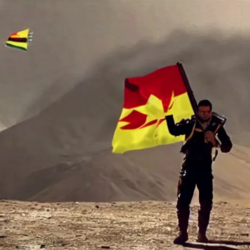 Image similar to kurdish astronaut holding a kurdistan flag in a movie directed by christopher nolan, movie still frame, promotional image, imax 7 0 mm footage