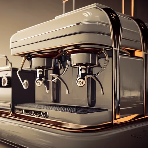 Image similar to Art Deco architecture espresso machine in a Norman Rockwell world, 8K HD octane render