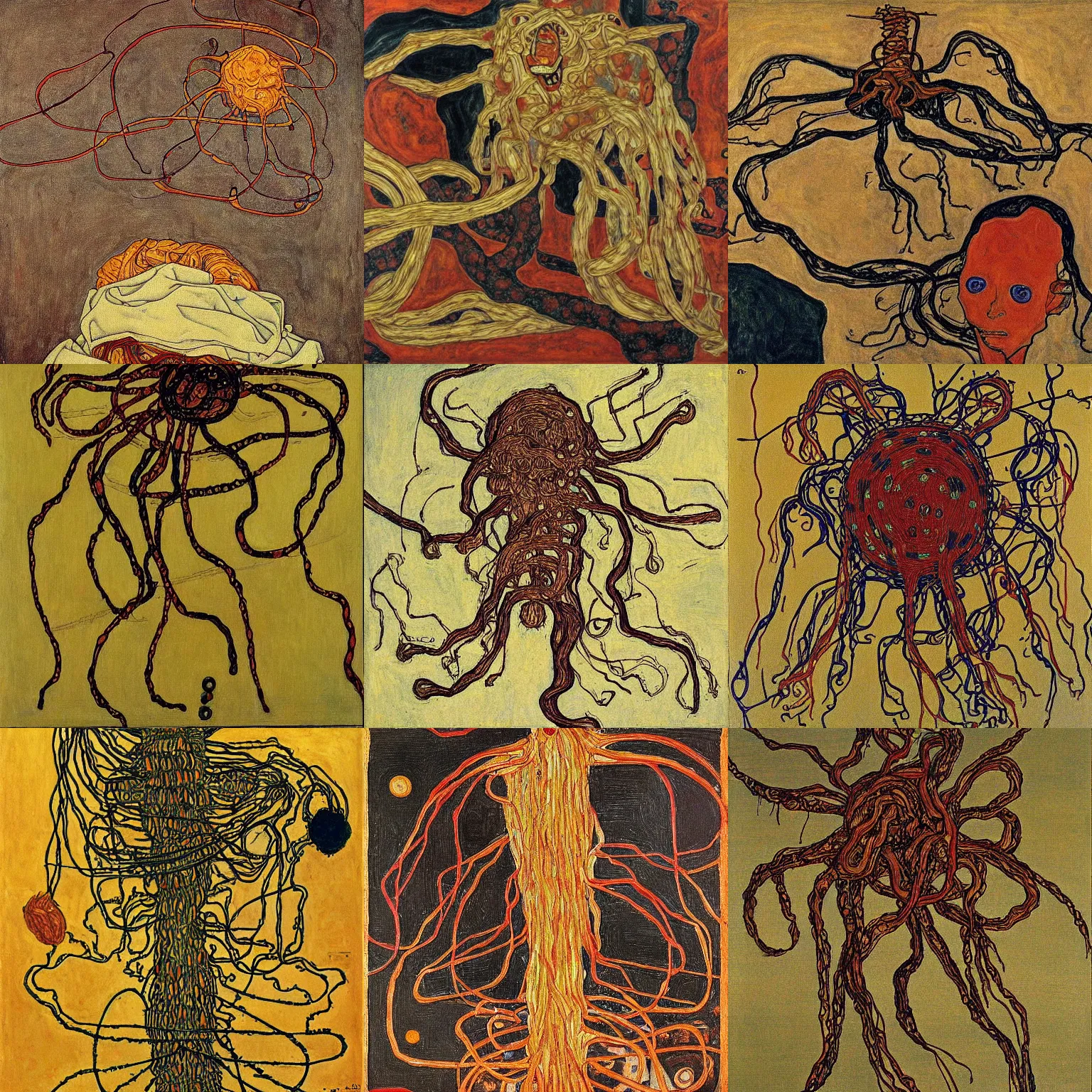 Prompt: flying spaghetti monster, painting by Egon Schiele