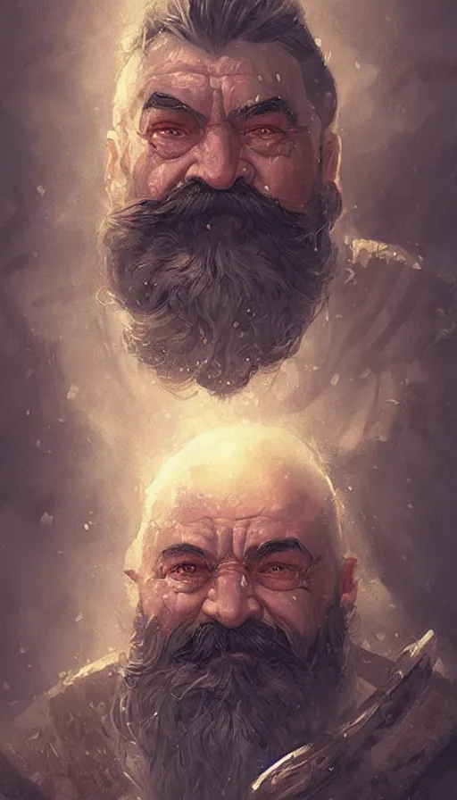 Prompt: Portrait of an old fantasy dwarf with a large moustache, male, detailed face, fantasy, highly detailed, cinematic lighting, digital art painting by greg rutkowski