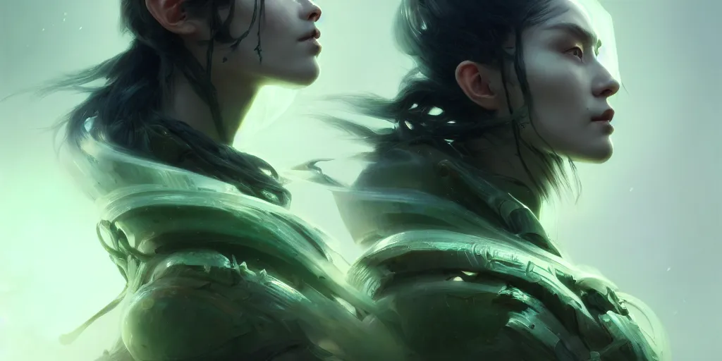 Prompt: ultra detailed beautiful nordic cyborg, black long hair, green eyes, sharp bone structure, extremely detailed digital painting, in the style of fenghua zhong and ruan jia and jeremy lipking and peter mohrbacher, mystical colors, rim light, beautiful lighting, 8 k, stunning scene, raytracing, octane, trending on artstation