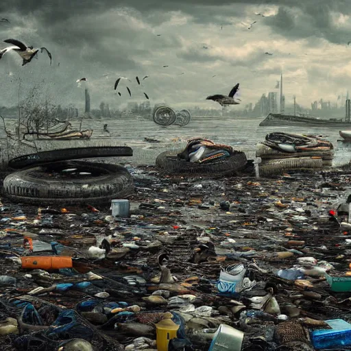 Image similar to on water, enormous huge islands of tyres and garbage floating, seagulls flying in the forecasted sky, dramatic light, post apocalyptic, rainy weather, wet,highly detailed, wide shot, 8K mate painting, concept