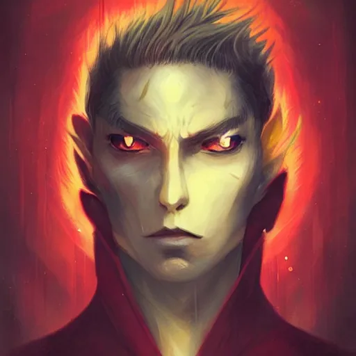 Image similar to headshot portrait of male anime character extremely sharp jaws slit yellow eyes medium red hair by anato finnstark, tom bagshaw, brom