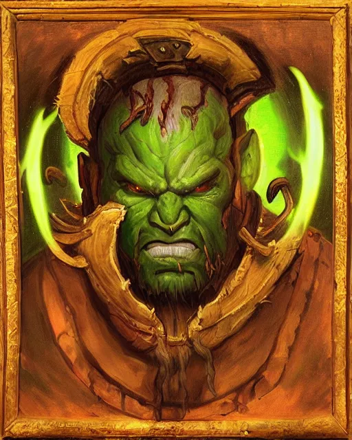 Image similar to a renaissance style portrait painting of a world of warcraft orc, garrosh hellscream, holding green fire. top left warm lighting