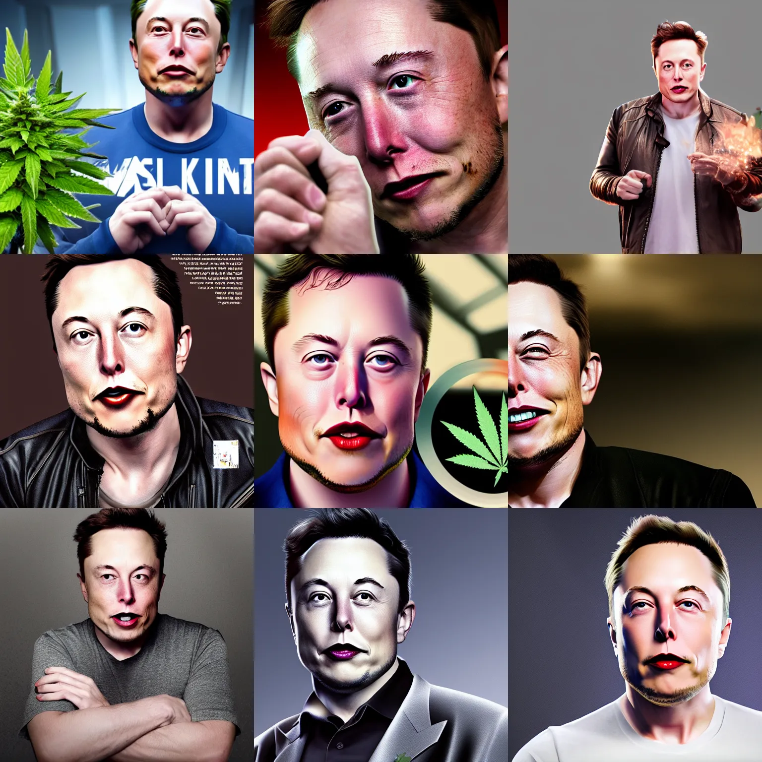 Prompt: photorealistic 8k render of Elon Musk high on weed