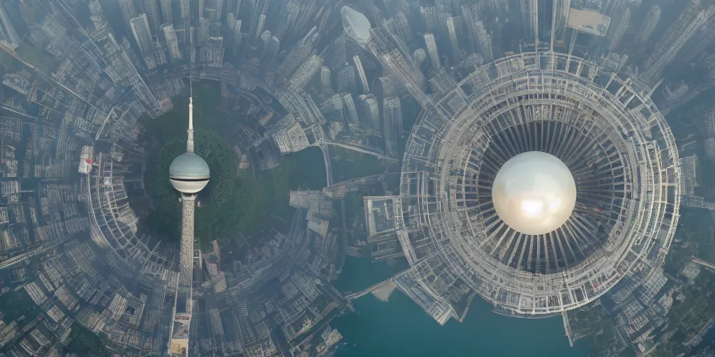 Image similar to a very high resolution image from a new movie, oriental pearl tower, front view, upside - down, shining, photorealistic, photography, directed by wes anderson