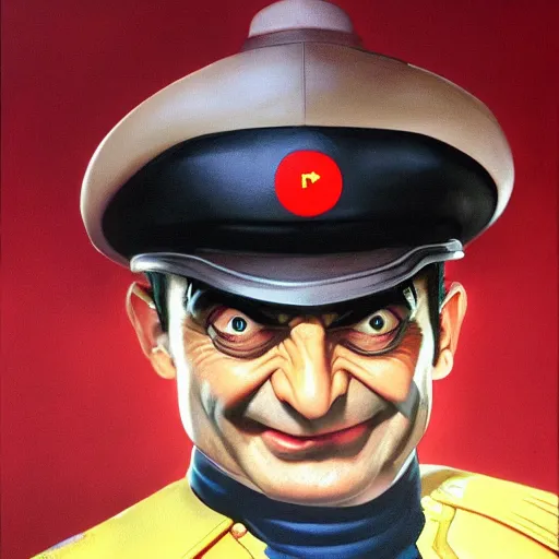 Image similar to ultra realistic portrait painting of mr bean as m. bison from street fighter, art by frank frazetta, 4 k, ultra realistic, highly detailed, epic lighting