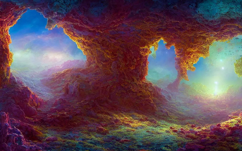 Prompt: A beautifully strange of alien landscape above a floral colorful rich artefacts and rocks with moons ,Matte Painting , oil on canvas, by Benoit B. Mandelbrot fractal , Steven Belledin, Martin Johnson Heade, Lee Madgwick, and Caspar David Friedrich,Sci-fi fantasy mystical moons depth glowing water reflections, colorful final Render iridescent, volumetric lights , fantasy concept art, highly detailed octane render, 8K HD , trending in art station