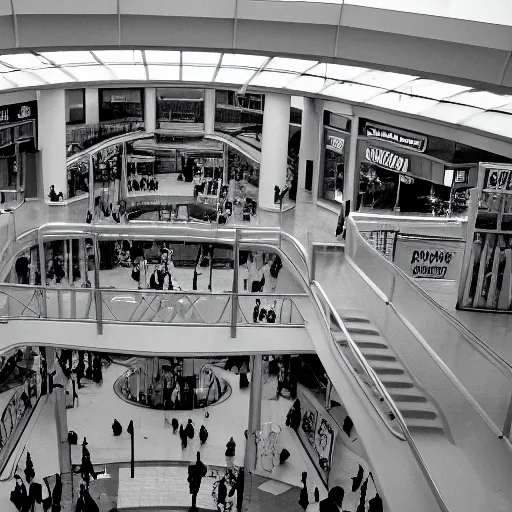 Image similar to springfield mall virginia 1980s, photorealistic, 8k, award winning, black and white