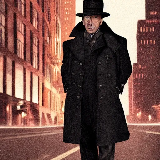 Image similar to a picture of a man with the face of humphrey bogart, wearing a 1 9 4 0's noire detective outfit with fedora and trench coat, standing in the streets of chicago at night, detailed unblurred face, 4 k octane render highly realistic digital painting