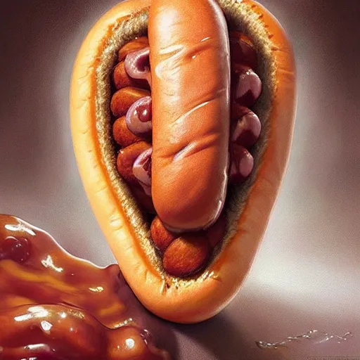 Image similar to portrait of a young rugged hot dog, extra onions and ketchup, luscious patty with sesame seeds, handsome, D&D, fantasy, intricate, elegant, highly detailed, digital painting, sweaty meat, artstation, concept art, matte, sharp focus, illustration, art by Artgerm and Greg Rutkowski and Alphonse Mucha