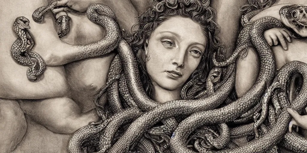 Image similar to realistic portrait of medusa with her snakes, golden, delicate, hyper realism, 1 4 5 0, ink, ultra realistic, 8 k