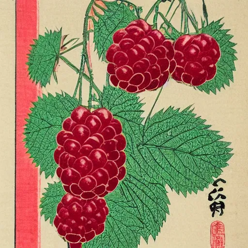 Image similar to Japanese woodblock print of a raspberry