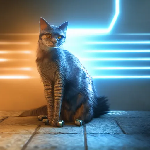 Prompt: cyberpunk cat, ethereal lights, unreal engine, sharp focus, octane render