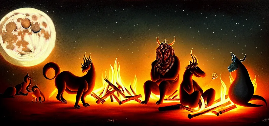 Image similar to strange mythical beasts of sitting around a fire under a full moon, surreal dark uncanny painting by ronny khalil