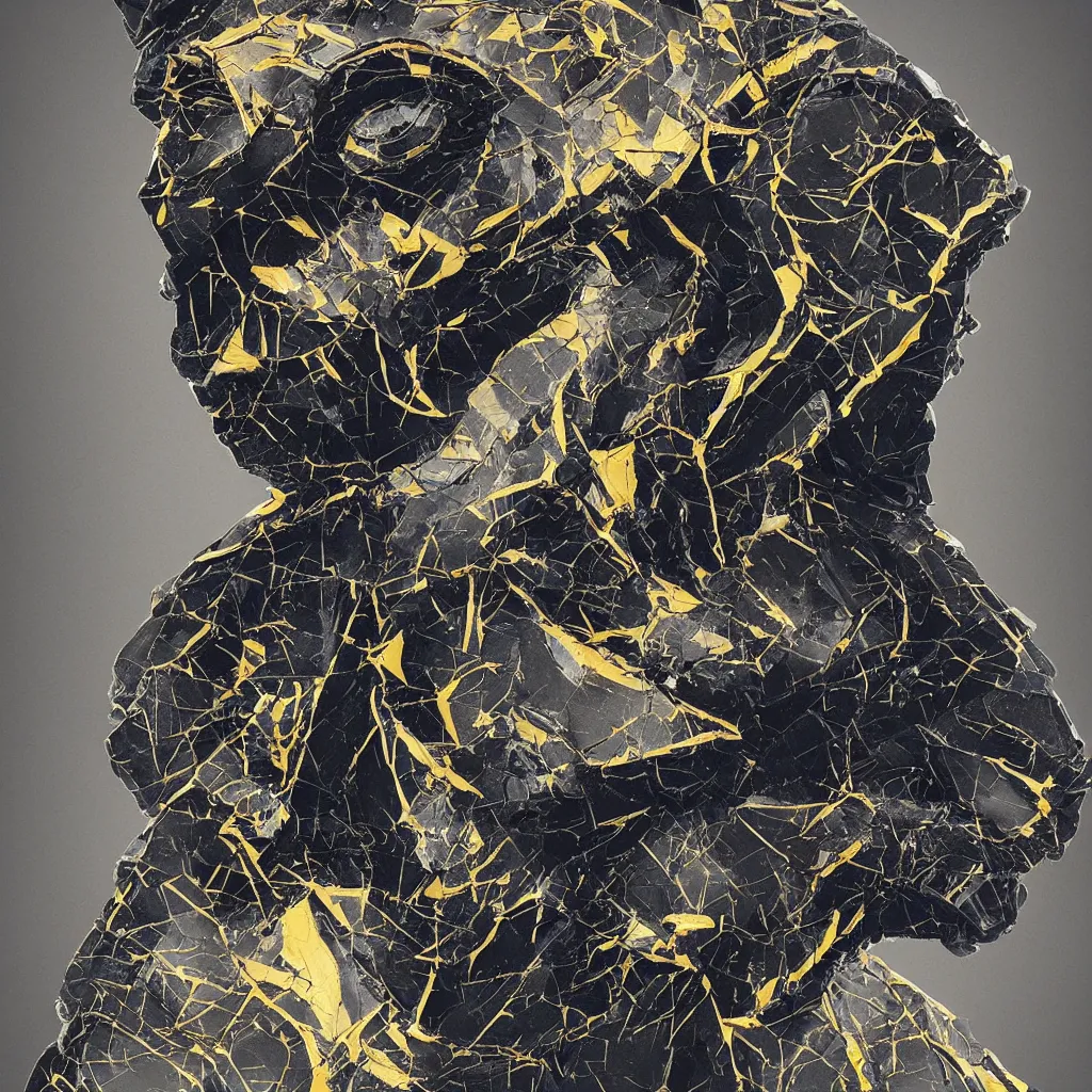 Image similar to symmetrical painting of a fractured obsidian greek statue of an owl fixed with kintsugi, rendered in octane trending on cgsociety, masterpiece