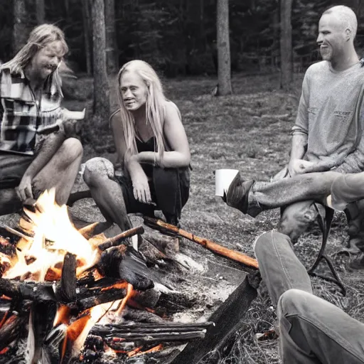 Image similar to photo of hillbilly with long blonde hair around a bonfire