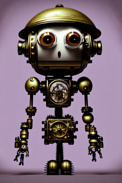 Prompt: a tiny cute steampunk robot with cogs screws big eyes smiling waving, back view, isometric 3 d, ultra hd, character design by mark ryden pixar hayao miyazaki, unreal 5, daz, hyperrealistic, octane render, cosplay, rpg portrait, dynamic lighting, intricate detail, summer vibrancy, cinematic, symmetrically isometrically centered