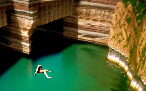 Image similar to a cliff jumping into waters that are a portal to a different dimension, film still by Wes Anderson