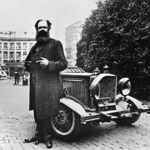 Image similar to karl marx standing by his gold mercedes