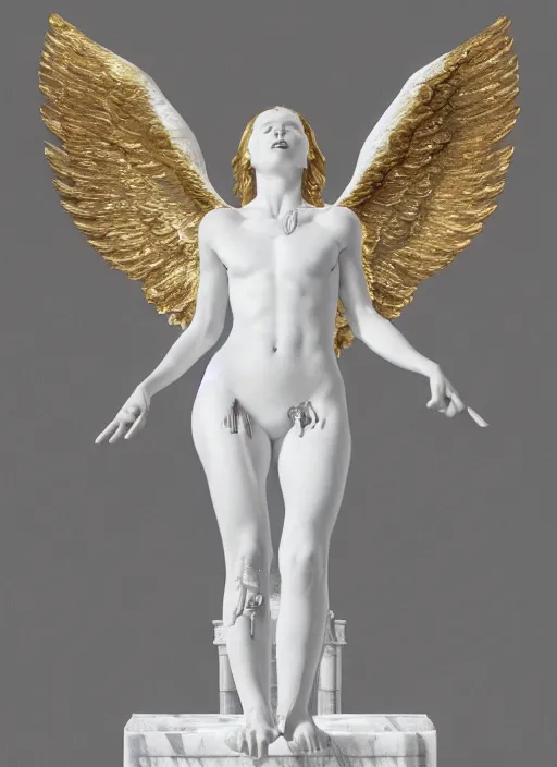 Prompt: a statue made of white marble with gold veins, of an beautiful gorgeous angel girl, full body shot, perfect symmetrical body, perfect symmetrical face, no eyes, hyper realistic, hyper detailed, fujicolor superia 1 6 0 0 photo, by johannen voss, by peter kemp, by monia merlo, by michelangelo octane render, blender, 8 k