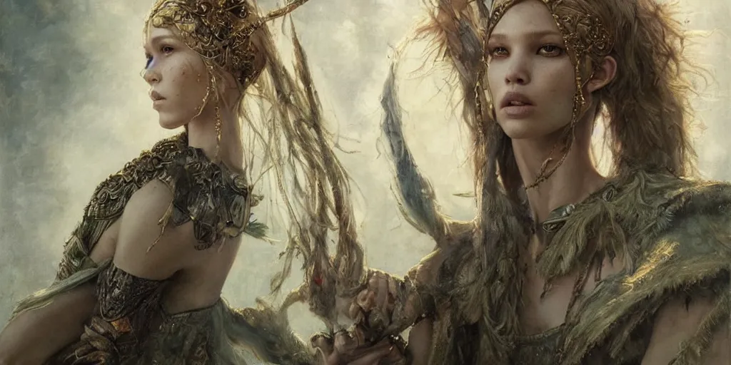 Prompt: epic masterpiece portrait of warrior played by sasha luss, followed by head with many souls, beautiful face and flawless skin, perfect hands, emeralds by Edgar Maxence and Ross Tran and Michael Whelan