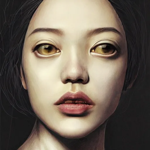 Prompt: Kiko Mizuhara, physically accurate, dramatic dynamic lighting, intricate, elegant, highly detailed, digital painting, artstation, very hyperrealistic, very HR GIGER, Hieronymus Bosch, Francis Bacon, concept art, smooth, sharp focus, illustration, nightmare, somber, very beautiful, fashion photoshoot, cover image, art by artgerm and greg rutkowski and alphonse mucha