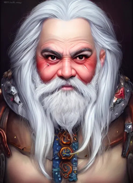 Prompt: smirking dwarf with white hair, red iris, long beard, pale snow white skin, full body character portrait, colorful, highly detailed, digital art by artgerm