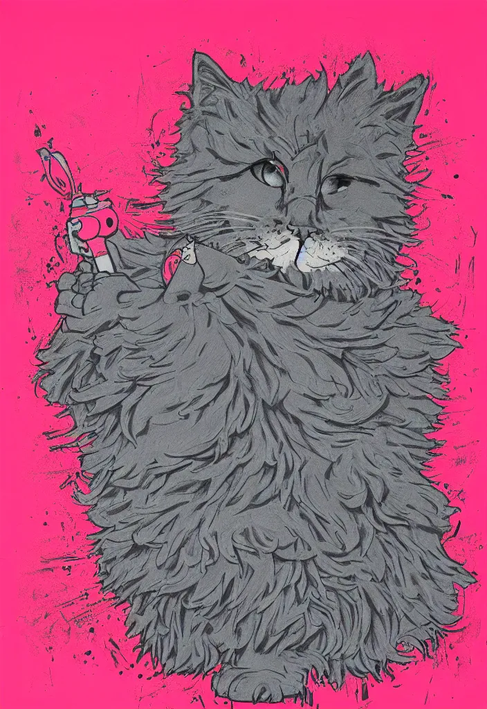 Prompt: fluffy cat with an afro comb t - shirt design, by jules julien, alex yanes, dark grisaille monochrome neon spraypaint, ironic surrealism, hypebeast