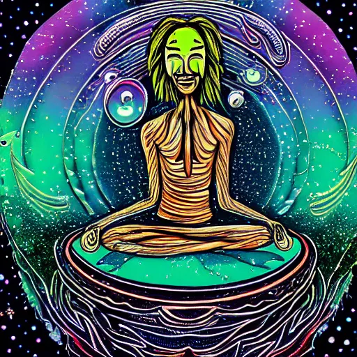 Image similar to a psychedelic hippy alien smiling and meditating, floating in space, in the style of ben ridgeway