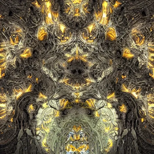 Image similar to a beautiful stone carving of an intricate mandelbrot fractal cathedral populated by fractals by android jones, carved soap, unreal engine, volumetric lighting, dynamic lighting, bright, dramatic lighting, high contrast, neon glow, carved marble, opalescent, sacred geometry, religious, angelic, catholicpunk, stark, trending on artstation