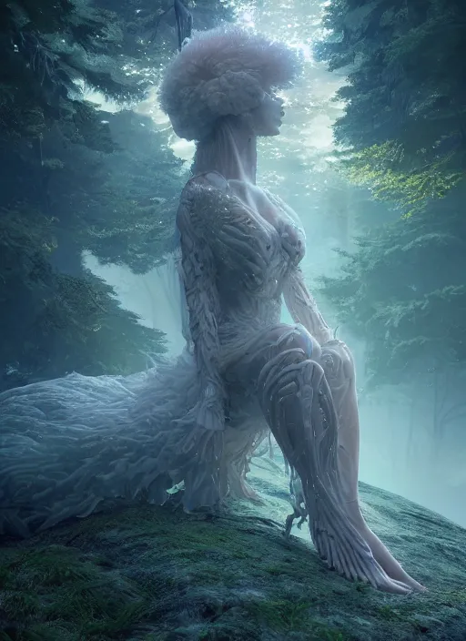 Image similar to beauteous nebular biomechanical incredible hair, crystalline masterpiece incrustations, hyperdetailed face, flippered feet, elegant pose, movie still, intricate, octane render, cinematic forest lighting, cgsociety, unreal engine, crepuscular rays, god rays, caustic shadows lighting