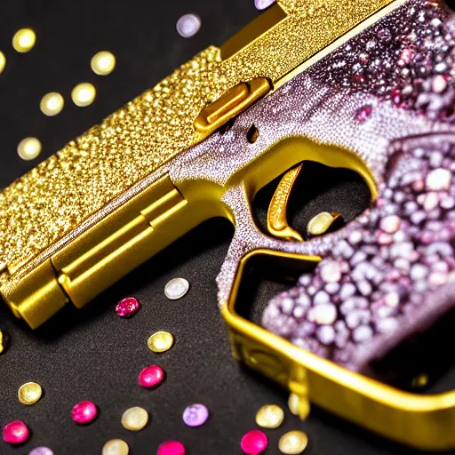 Image similar to a medium shot photograph of a gold glock 18 encrusted with gemstones against a silk background