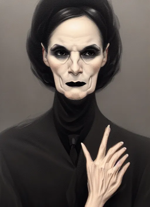 Prompt: portrait of a middle - aged woman with a crooked nose and a confident expression, 1 9 6 0 s, black clothes, goth, punk, funk, intricate, elegant, highly detailed, digital painting, artstation, concept art, smooth, sharp focus, illustration, art by wlop, mars ravelo and greg rutkowski