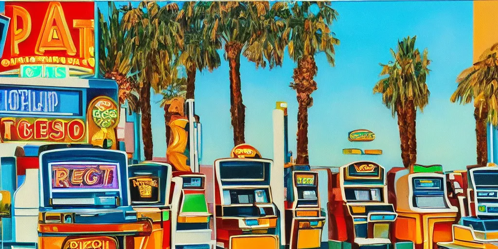 Prompt: oil paint on canvas, art deco style, palm trees and slot machines in oasis