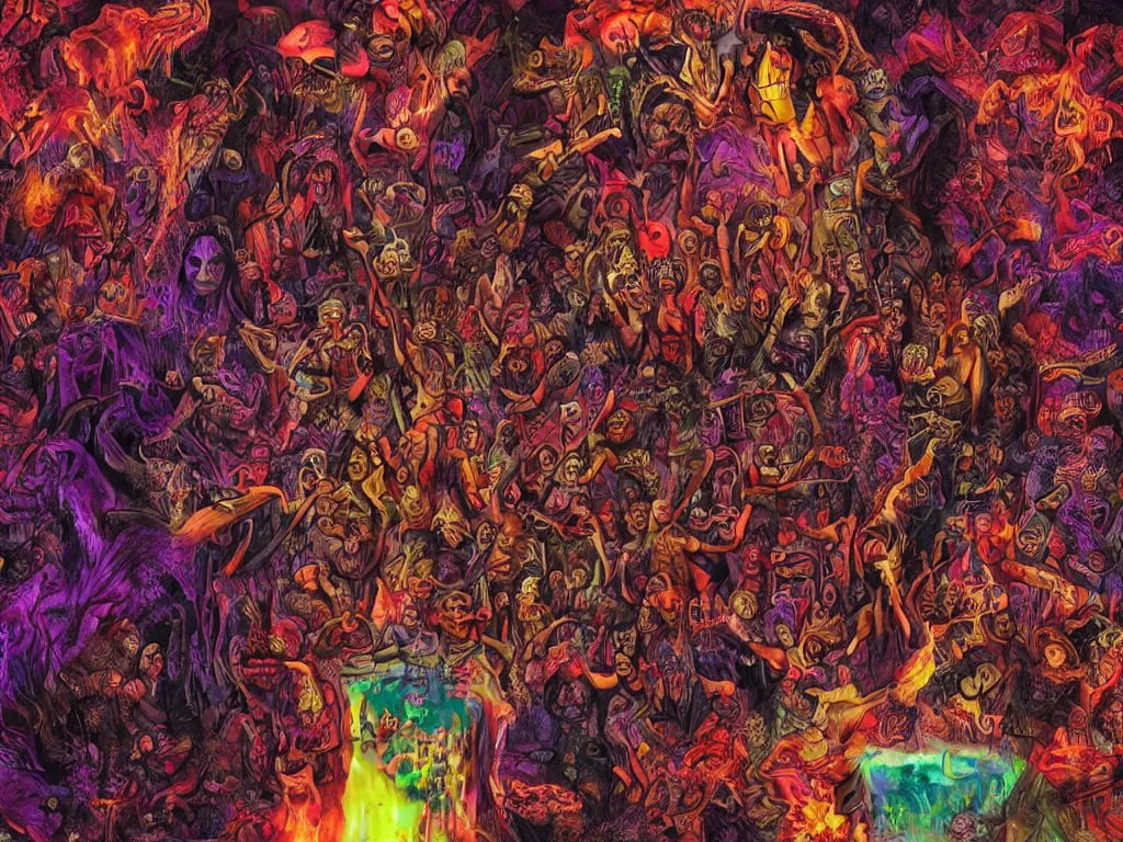 Image similar to a psychedelic tour through the hell filled with demons, dark colours, patterns, highly realistic, 4 k, 8 k, scary