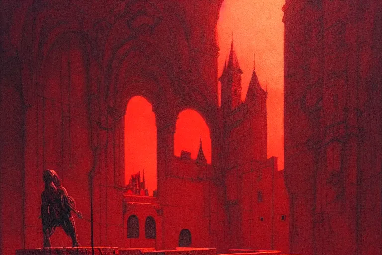 Prompt: only with red, in a red dream world, a crimson tiger, a castle in the background, medieval demons, in the style of beksinski, part by hopper, part by rodcenko, part by hofbauer, intricate composition, red by caravaggio, insanely quality, highly detailed, masterpiece, red light, artstation