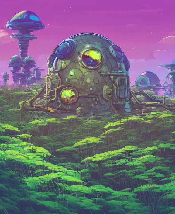 Image similar to a simple bunker made out of exotic fungus, overgrown with weird fungus and slime, spaceship, sci - fi, robots, noon, sun drenched, partly cloudy, by dan mumford, yusuke murata, makoto shinkai, ross tran, cinematic, unreal engine, cel shaded, featured on artstation, pixiv