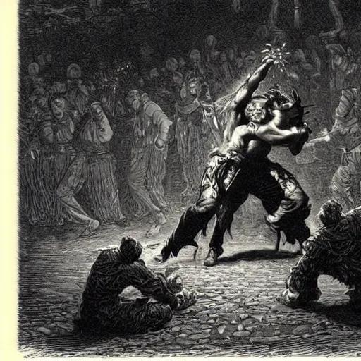 Image similar to A scene from Tekken 7, wood engraving, by Gustave Dore