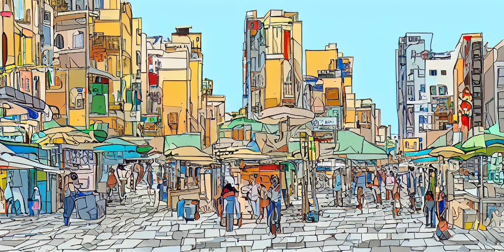 Image similar to tel aviv streets. optimistic. digital art. vector watercolor.