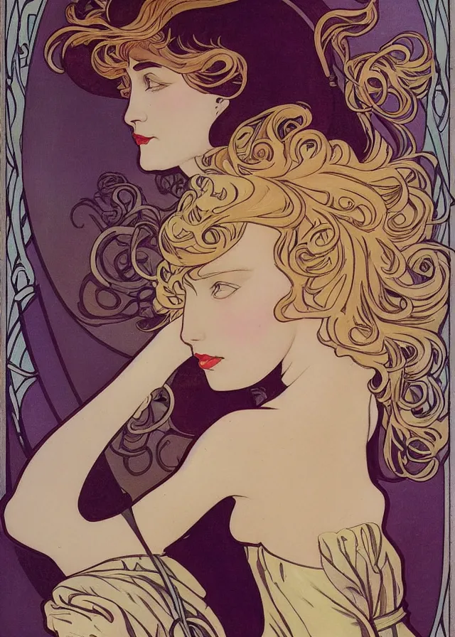 Prompt: a femme fatale painting in the style of mucha, art nouveau