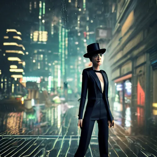 Image similar to stylish woman made out of rain, pinstripe suit, top hat, cyberpunk background, rendered in octane, unreal engine, highly detailed, trending on artstation, realistic, neon, beautiful