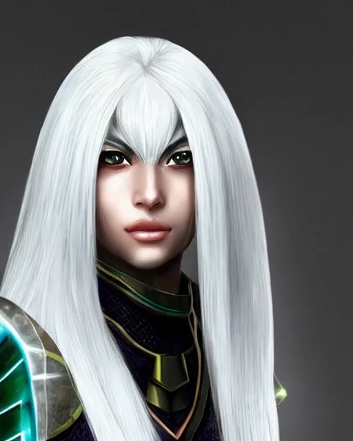 Image similar to perfect white haired attractive egyptian goddess warframe armor beautiful symmetric dreamy half asian pretty face green eyes