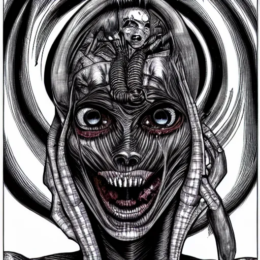 Image similar to a dark humanoid, hyper detailed, in the style of h. r. giger and junji ito and h. r. giger and junji ito, selfie