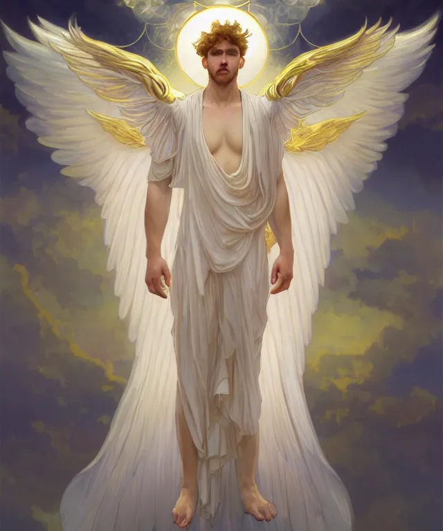 Image similar to symmetrical fullbody portrait of a beautiful young fit male angel with curly blond hairs, full dressed in long fluent clothes, majestic big dove wings, luminous halo, by greg rutkowski and alphonse mucha, gradient white to gold, in front of an iridescent background, highly detailed portrait, digital painting, artstation, concept art, smooth, sharp focus illustration