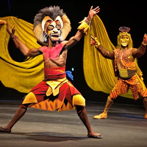 Image similar to bad mascot costumes in the lion king stage show at disneyland, covered outdoor stage, theatrical lighting, iphone video