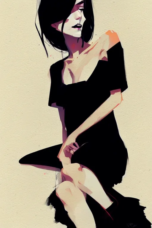 Image similar to a ultradetailed beautiful panting of a stylish woman in a black dress sitting, by conrad roset, greg rutkowski and makoto shinkai trending on artstation