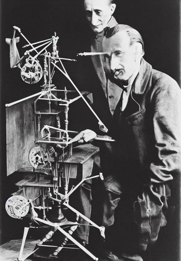 Image similar to marcel duchamp holding up a chess - piece wire - machine, a surrealist painting by marcel duchamp, complex artificial - intelligence machinery, flickr contest winner, studio portrait, 1 9 2 0 s