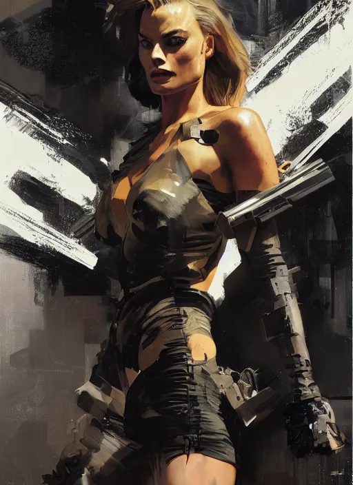 Image similar to Margot Robbie wearing metal gear armor holding revolver dramatic lighting art by Yoji Shinkawa by Richard Schmid by greg rutkowski by Sandra Chevrier by Jeremy Lipking cinematic dramatic