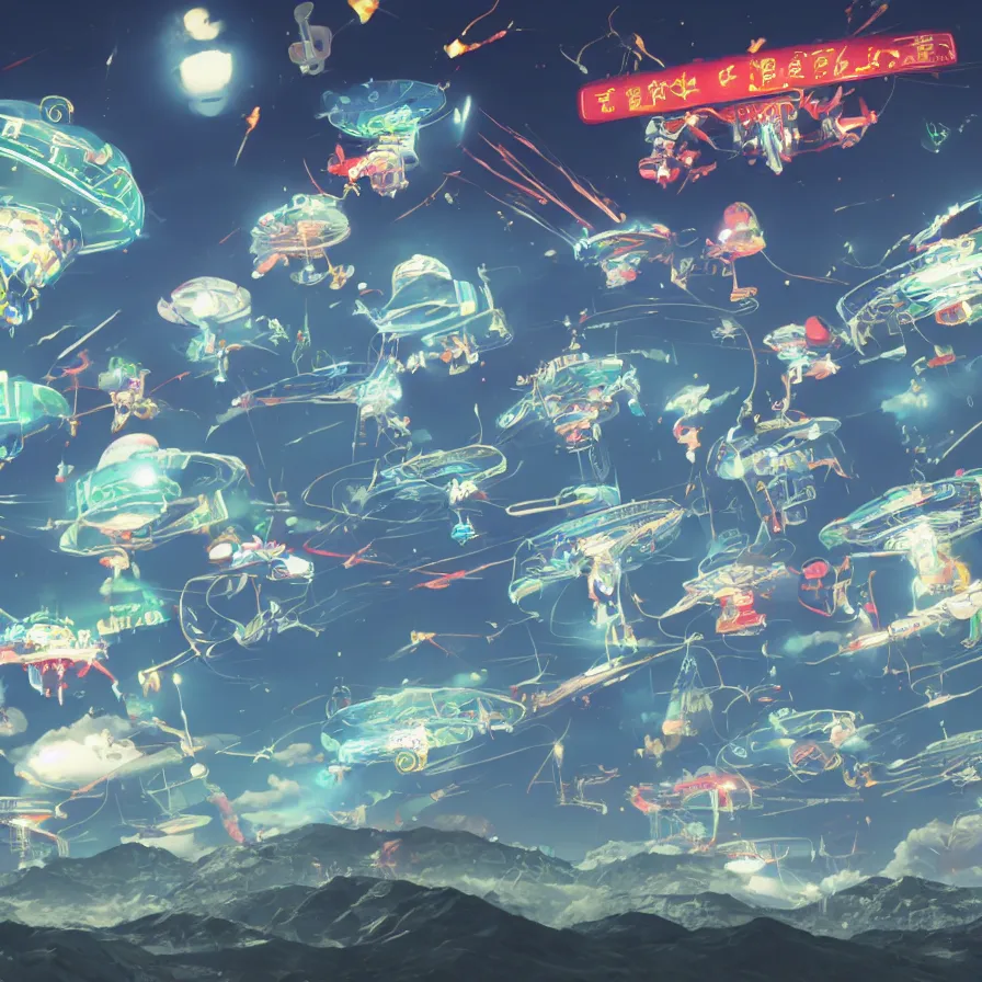 Image similar to Videogame ufos, detailed, 4k, digital art, japanese kanji everywhere